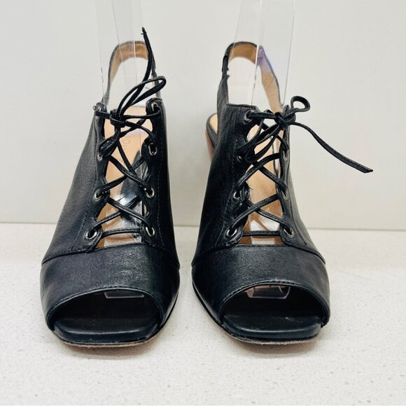Boutique 9 Lace Up Heels Wood Block Wedge Black Leather Boho Peep Toe Sz 6.5  M - Picture 3 of 14